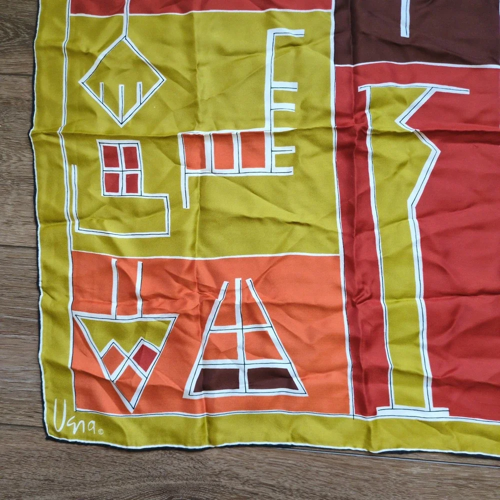 Vtg Vera Neumann Geometric Silk Scarf Retro Yellow Orange Brown Logo MCM Modern
